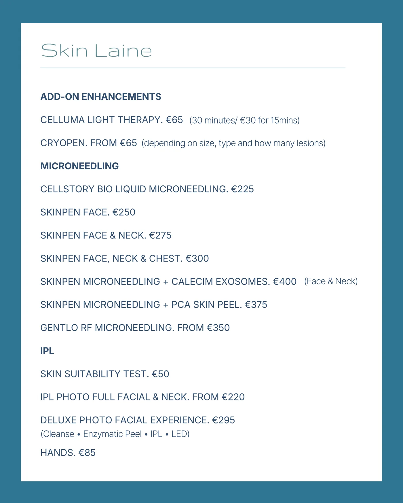 Skin Laine price guide, page 3: Microneedling & IPL