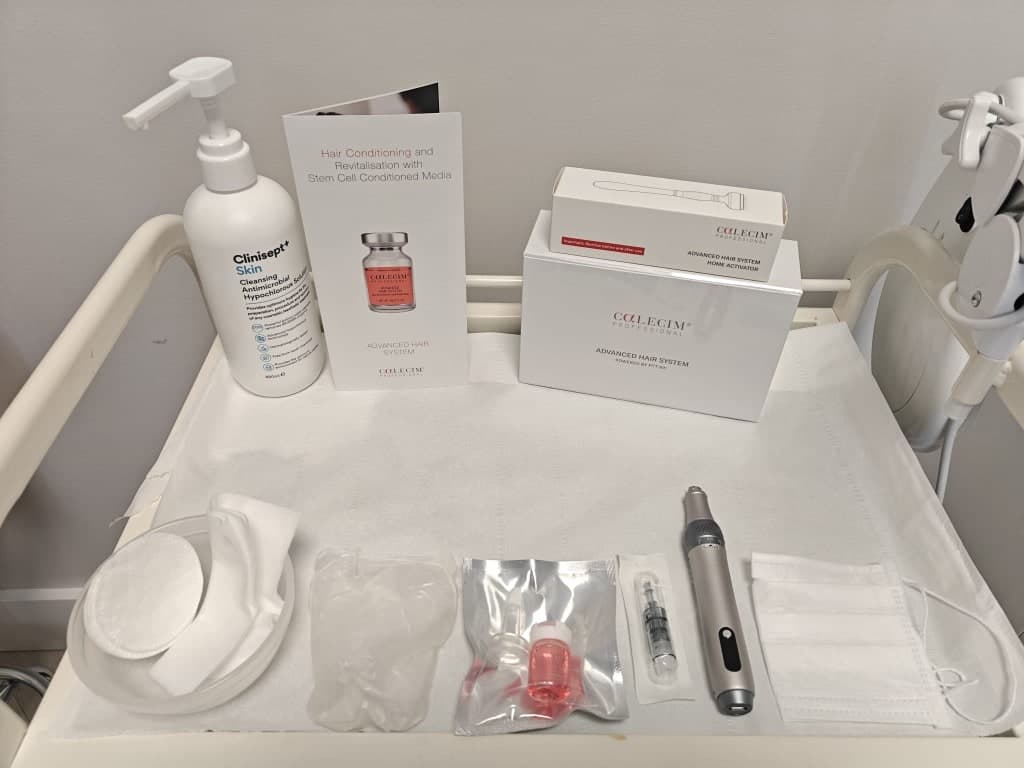 Calecim Advanced Hair System treatment setup at Skin Laine, Ballina, stem-cell conditioned media and microneedling.